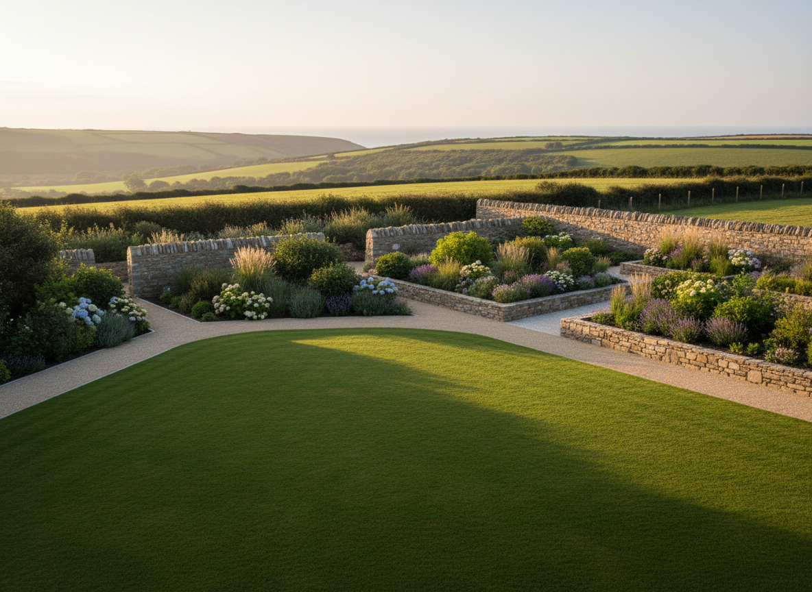 A professionally landscaped coastal garden in Pembrokeshire, viewed in photographic realism. A broad, sweeping lawn of rich green turf curves gently toward low dry-stone boundary walls built from weathered Welsh stone in grey and honey tones. Neatly edged gravel pathways wind between raised beds planted with hardy coastal shrubs, ornamental grasses, and flowering perennials in soft blues, whites, and purples. In the distance, rolling Pembrokeshire hills and a hint of sea horizon are softly blurred. Late afternoon golden light casts long, gentle shadows and warm highlights on the stone. Captured from a slightly elevated, wide-angle perspective with sharp focus throughout, the composition feels clean, ordered, and inviting, conveying a sense of professional craftsmanship and long-term durability in the landscaping and groundworks.