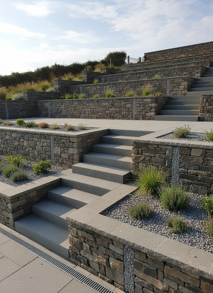 A carefully terraced sloping garden in Pembrokeshire, demonstrating expert retaining wall and groundworks, rendered in natural photographic realism. Multiple levels are created using substantial retaining walls built from locally sourced random stone in varied greys and browns, each face tightly packed with visible craftsmanship. Deep, wide steps of textured concrete with anti-slip edges connect the terraces, flanked by gravel infill and low-maintenance planting of hardy shrubs and grasses. Discreet drainage weep holes and gravel backfill bands are visible, subtly showcasing engineering detail. Soft late-morning sunlight from the left casts gentle shadows along the stone faces, enhancing depth and texture. Captured from a mid-height, three-quarter angle, the composition looks up the slope, showing how the levels create usable spaces. The mood is stable, secure, and enduring, reinforcing the professionalism of the landscaping and structural groundworks.