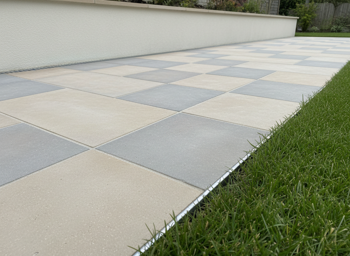 A detailed close-up of a precision-built garden patio in Pembrokeshire, shown in high-resolution photographic realism. Large-format porcelain paving slabs in soft sandstone and silver-grey tones are laid in a meticulous staggered pattern, each joint perfectly aligned and evenly spaced. The edges meet a crisp, lush lawn with a razor-sharp boundary, showing accurate levels and flawless drainage falls. A slim linear channel drain in brushed stainless steel runs discreetly alongside a contemporary rendered retaining wall in light off-white. Soft, indirect daylight from an overcast sky produces minimal shadows, highlighting the smooth textures of the porcelain and the subtle grit of the pointing. Captured from a low, angled perspective with shallow depth of field, the front slabs are in razor focus while the background garden blurs slightly, creating a calm, modern, and highly professional atmosphere.