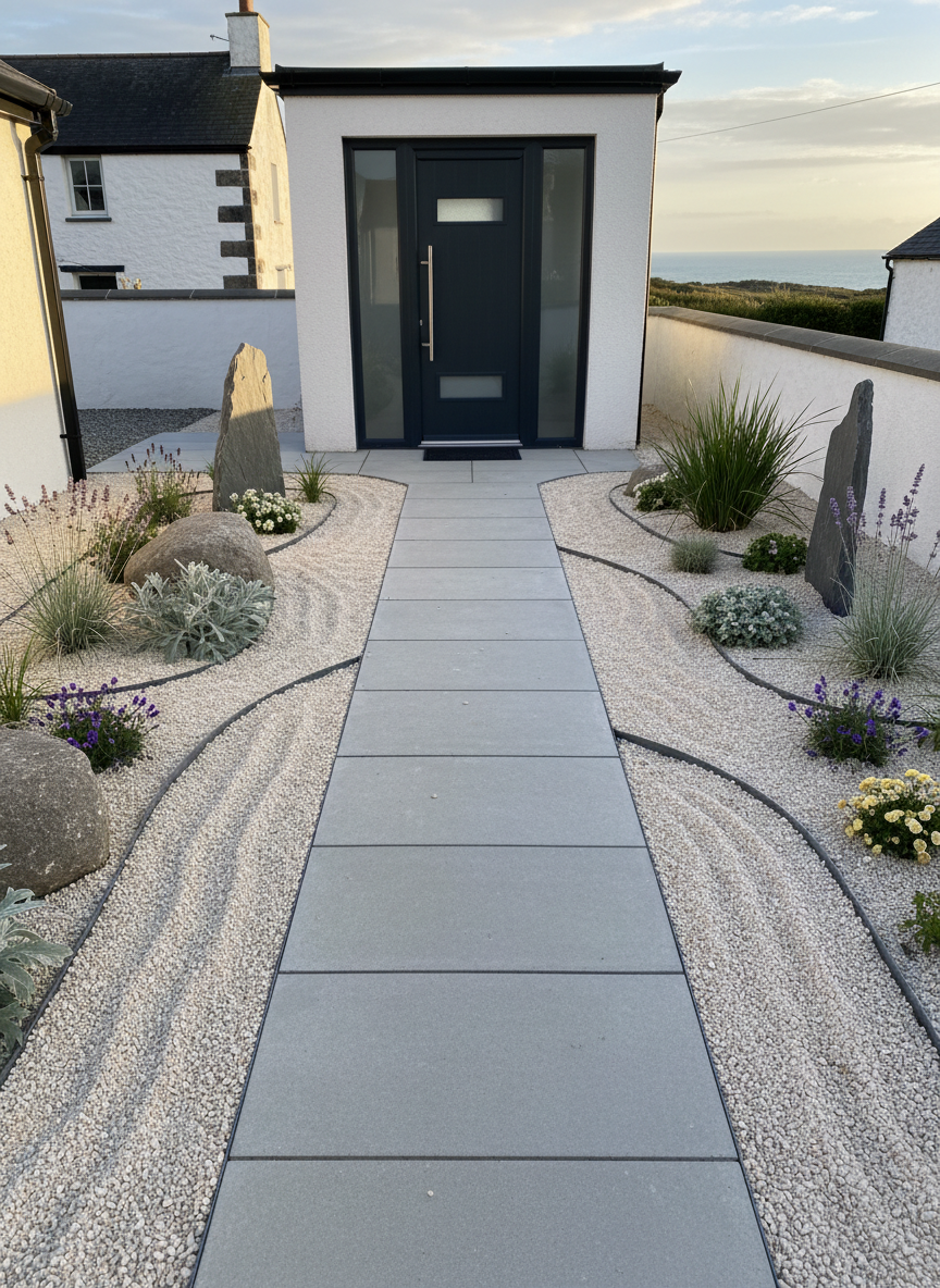 A coastal-inspired low-maintenance front garden in a Pembrokeshire village, presented in clean photographic realism. The small space is transformed with pale, angular decorative gravel, neatly raked and contained by smooth steel edging strips that define sweeping organic curves. Within the gravel, groups of large, rounded boulders and Welsh slate feature pieces rise as focal points, surrounded by drought-tolerant planting: silvery foliage, spiky grasses, and compact flowering perennials. A short, crisp path of rectangular concrete pavers leads straight to a modern front door, each slab set perfectly level. Soft evening light with a gentle golden hue creates subtle, elongated shadows from the boulders and planting, adding depth. Shot from a slightly elevated front-on angle with sharp focus, the composition feels tidy, contemporary, and easy-care, underlining professional design and execution suited to Pembrokeshire’s coastal conditions.