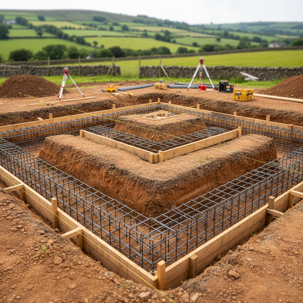 A robust groundworks and foundations scene on a Pembrokeshire plot, depicted in clear photographic realism. The image shows an excavated building footprint with straight, clean trenches cut into compacted earth, revealing soil layers in warm browns and rust tones. Inside the trenches, steel reinforcement bars and cages are neatly tied, ready for concrete. String lines, timber formwork, and laser-level tripods are visible around the perimeter, emphasizing accuracy and planning. The surrounding landscape hints at rural Pembrokeshire fields and stone boundary walls, slightly out of focus. Bright but slightly overcast daylight provides even, neutral lighting, making details of soil texture and steel surfaces clearly visible without harsh contrast. Shot from a slightly elevated oblique angle, the composition highlights the geometry of the trenches, conveying a mood of precision, structural integrity, and trustworthy groundworks preparation beneath future landscaping.