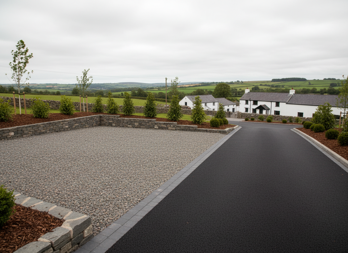 A newly completed driveway and entrance in rural Pembrokeshire, captured in crisp photographic realism. The foreground shows a smooth, freshly laid tarmac drive bordered with precise, linear concrete block edging in charcoal grey. To one side, a compacted gravel parking area transitions seamlessly from the drive, framed by low, meticulously built retaining walls of local stone, each block tightly jointed. Young, neatly mulched planting beds soften the hard surfaces, with evergreen shrubs and small trees. Overcast daylight creates diffused, even lighting, emphasizing textures in the stone, gravel, and tarmac without harsh shadows. Shot at eye level using the rule of thirds, the composition leads the eye from the front edge of the drive toward the distant farm buildings and soft countryside, projecting a mood of reliability, practicality, and professional groundworks expertise.