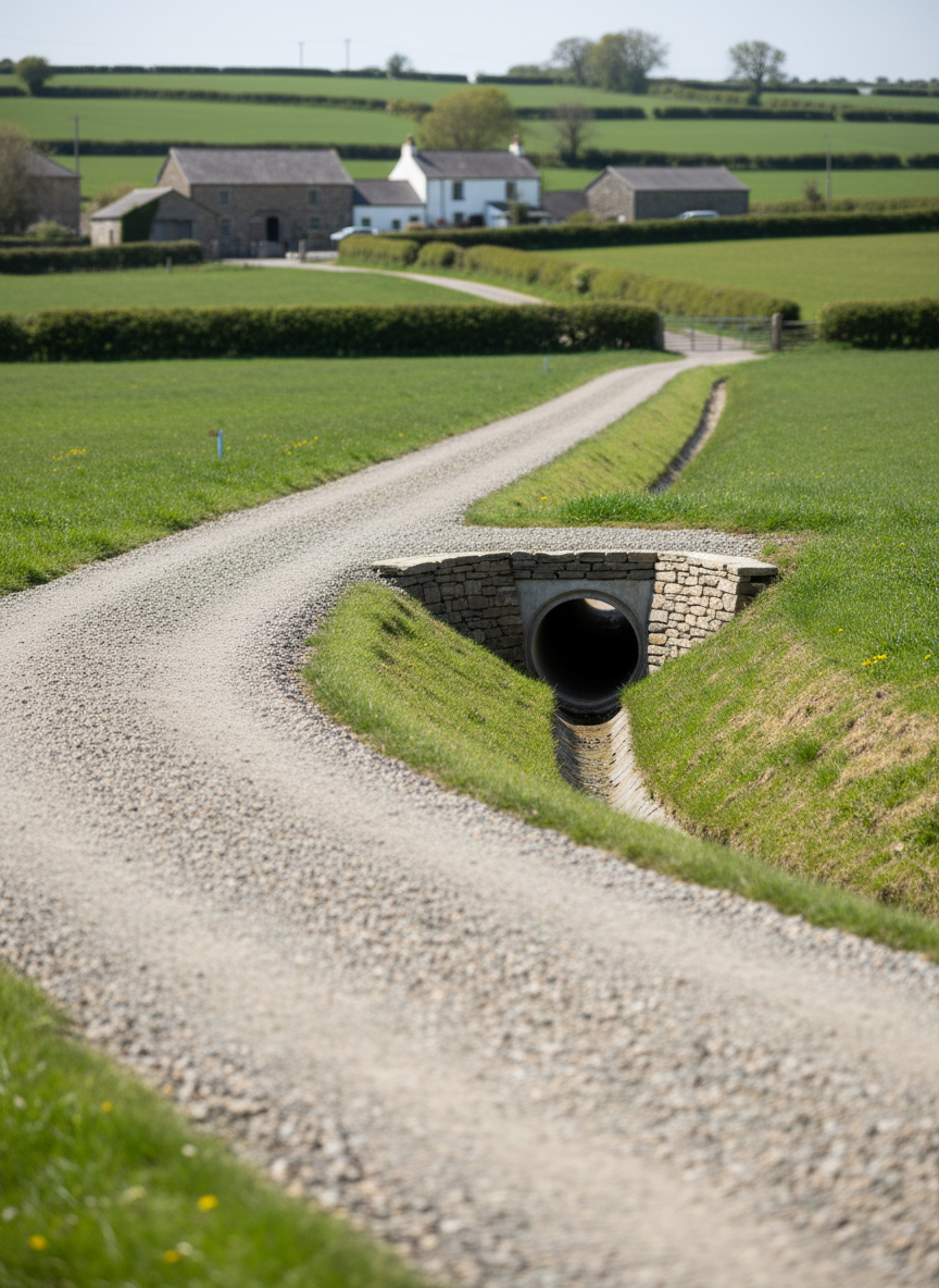 A newly installed rural access track and drainage system in the Pembrokeshire countryside, shown in straightforward photographic realism. The track runs diagonally through the frame, built from compacted crushed stone in muted greys and buff tones, with a subtly crowned center for runoff. On one side, a cleanly cut swale ditch lines the edge, feeding into a robust concrete culvert pipe that passes beneath the track, its circular opening framed by stone headwalls. The surrounding fields are green and gently rolling, with hedgebanks and distant farm structures softly blurred. Bright, clear daylight casts crisp but not harsh shadows, emphasizing the texture of the aggregate and the clean edges of the excavation. Captured from a low side angle, the track draws the eye into the scene, conveying a mood of practicality, durability, and careful ground engineering.